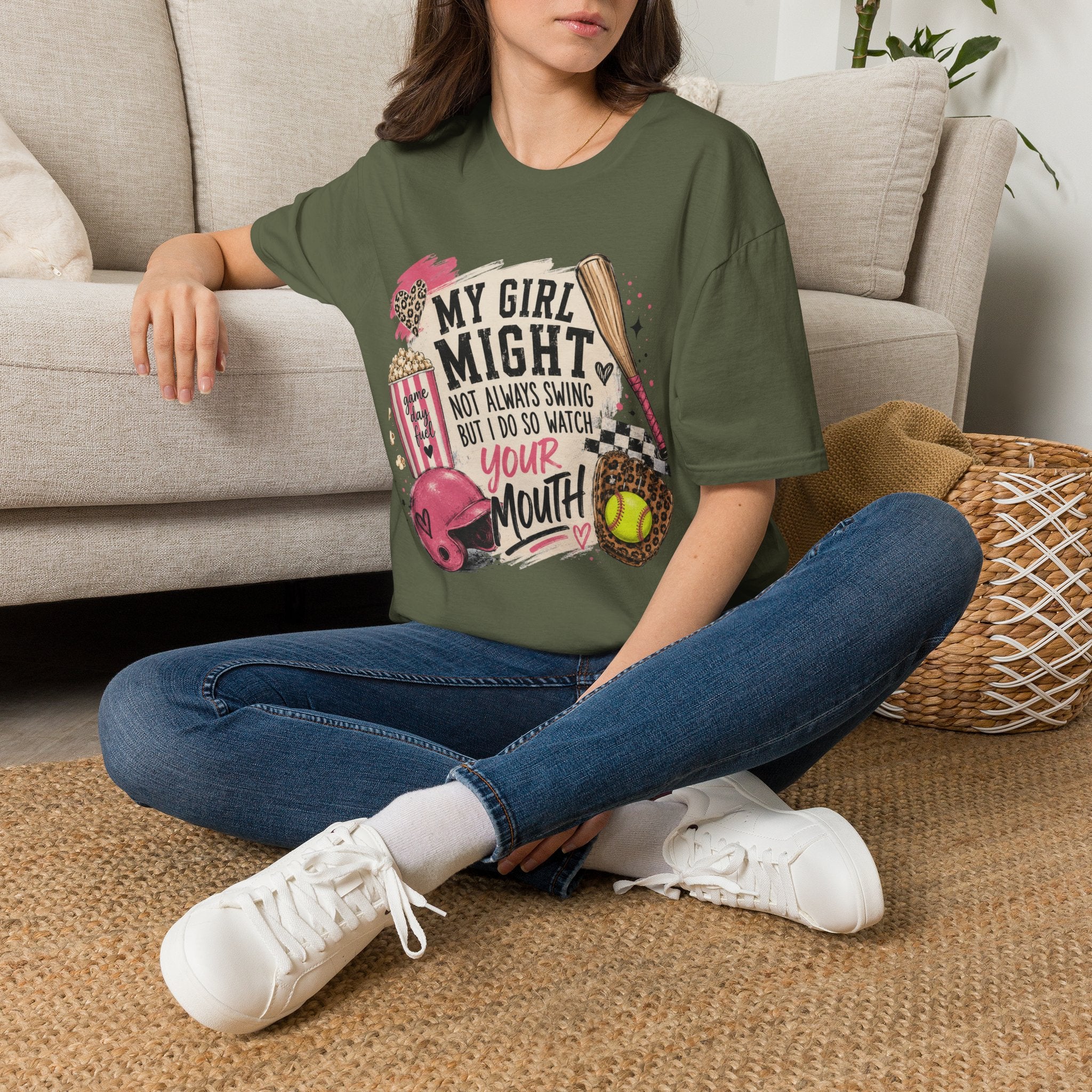 Softball Mom T-Shirt — "My Girl Might Not Always Swing But I Do So Watch Your Mouth"