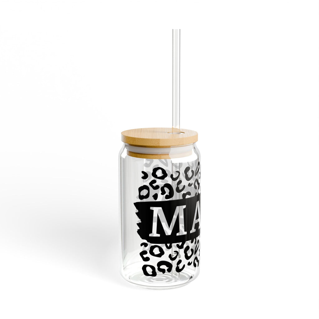 Mama Leopard Print Glass Tumbler with Straw (16oz)