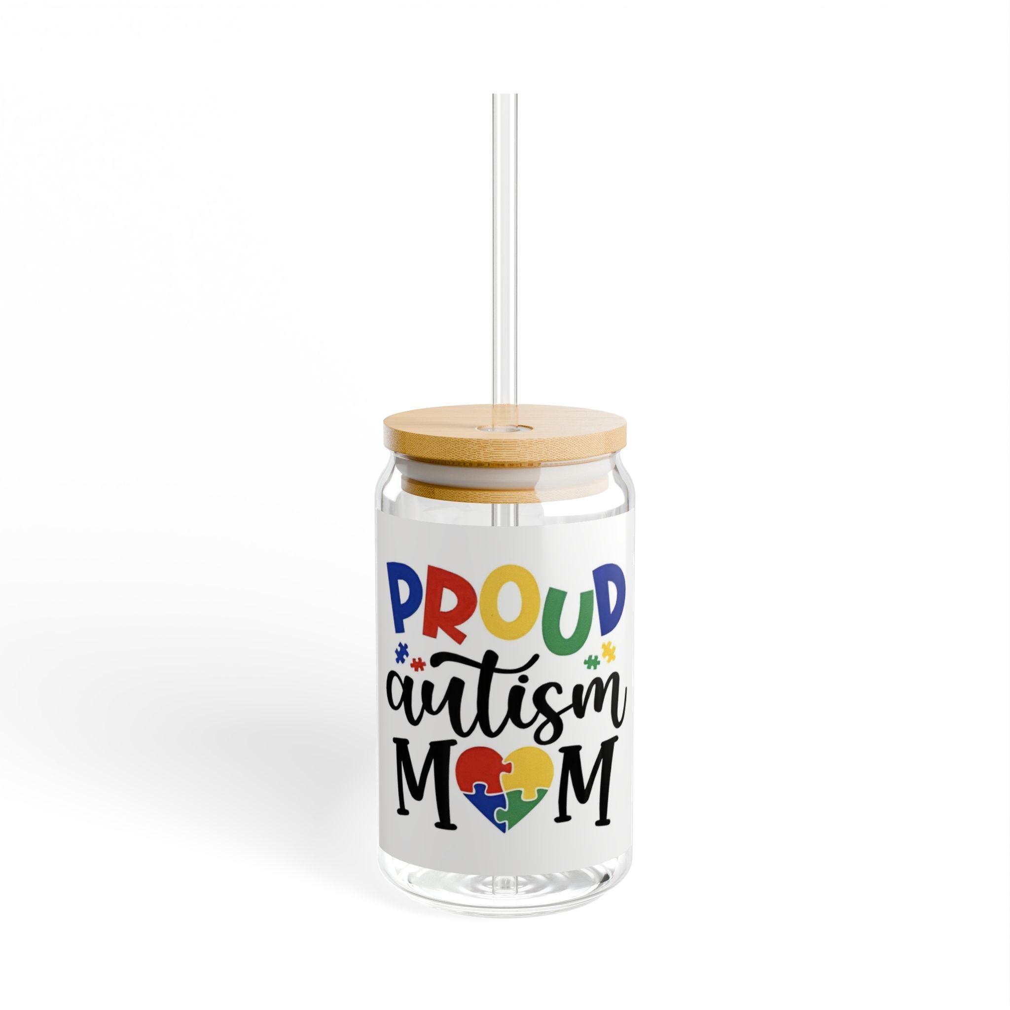 Proud Autism Mom Glass Can Tumbler with Straw — 16oz