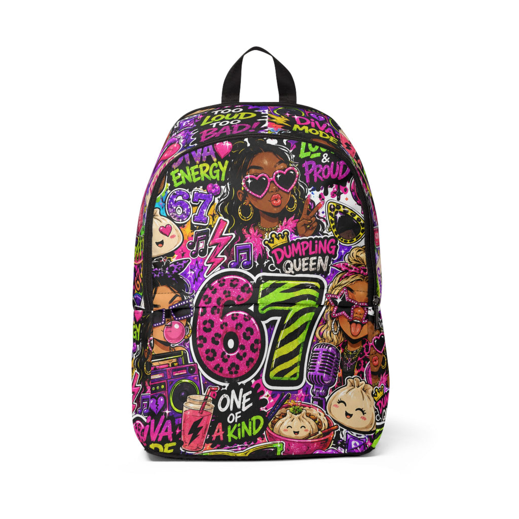 67 One of a Kind Vibrant Graffiti Backpack — 'Dumpling Queen' Colorful Kids/Teen School Bag