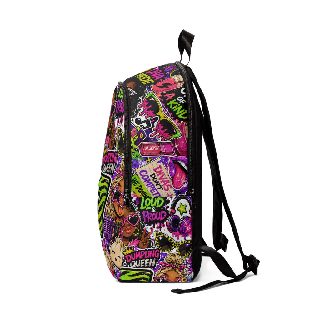 67 One of a Kind Vibrant Graffiti Backpack — 'Dumpling Queen' Colorful Kids/Teen School Bag